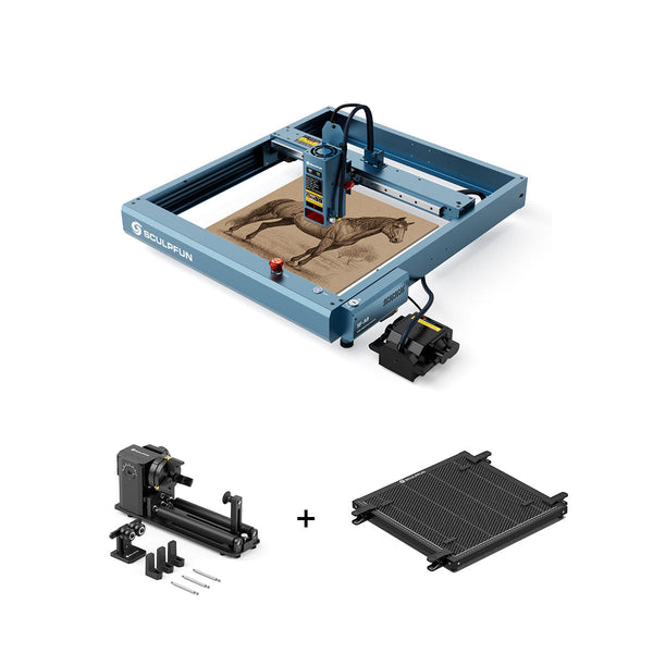 SCULPFUN SF-A9 20W Lasergravierer + H3 40*40 cm Wabenplatte + RA Pro Max 4 in 1 Rotationsroller