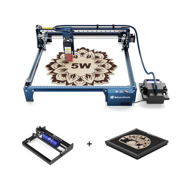 SCULPFUN S30: 5W Lasergravurmaschine + Rotationswalze + H3 40*40 cm Wabenplatte