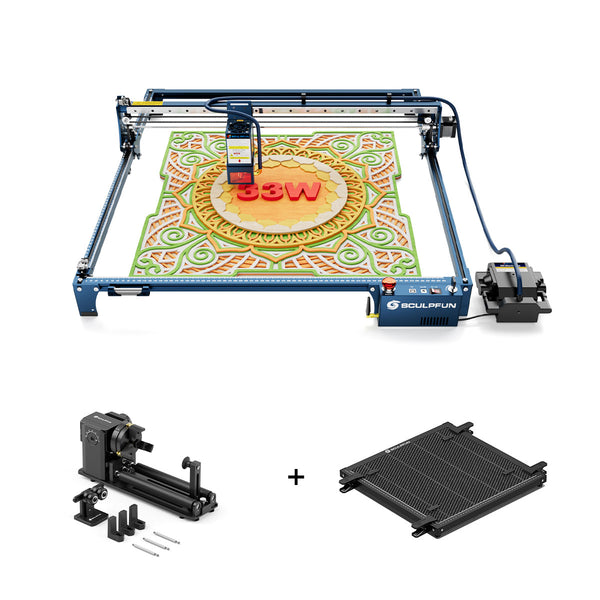 SCULPFUN S30 Ultra 33W Lasergravurmaschine + RA Pro Max Roller+ H3 Wabenplatte 60*60cm